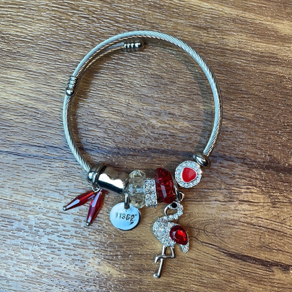 New Stainless Steel Flamingo Charm Bracelet with Red Crystal Heart Beads
